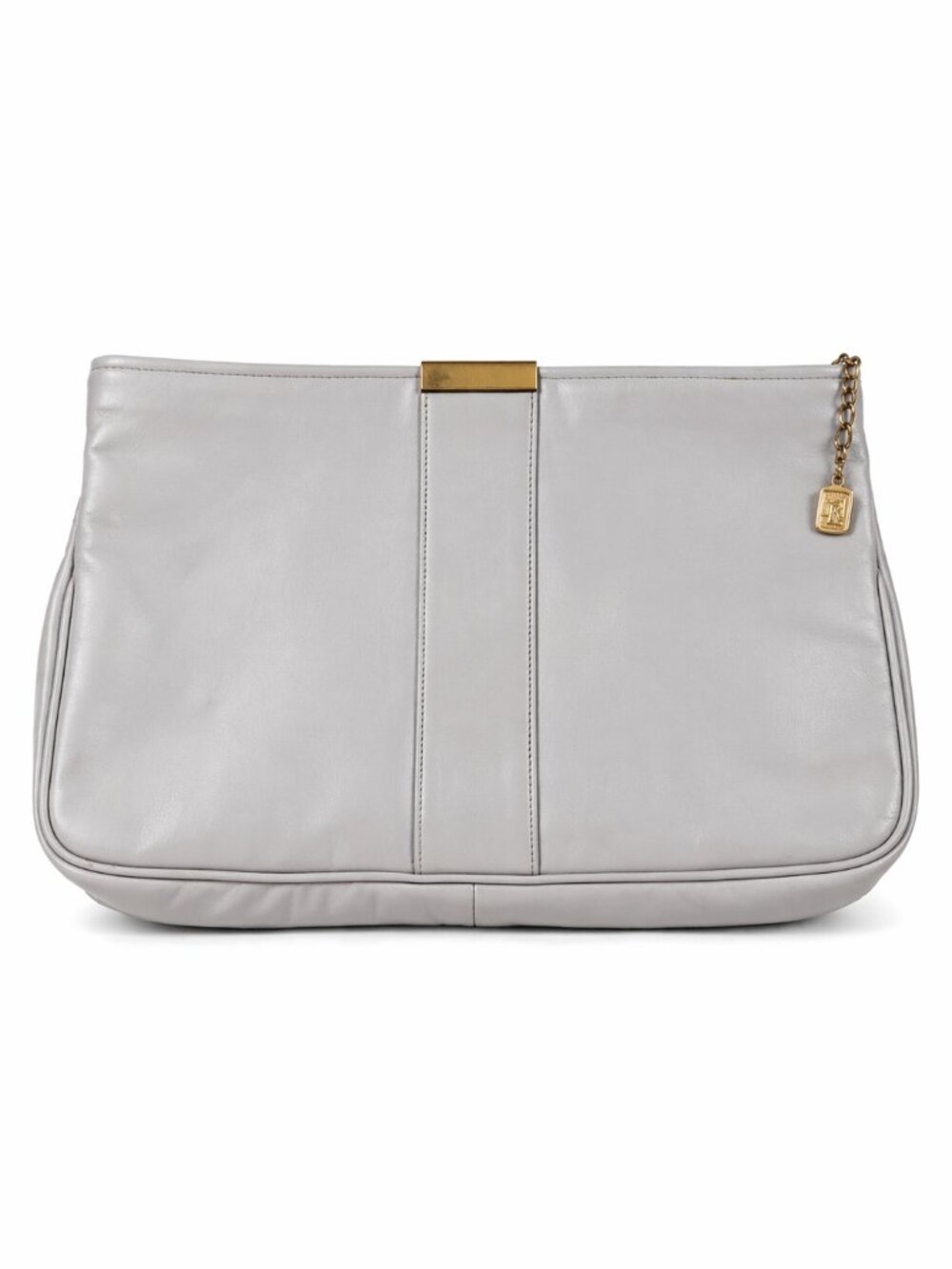 ML Vintage Light Gray Leather Envelope Clutch Minimalist Gold Accent Purse